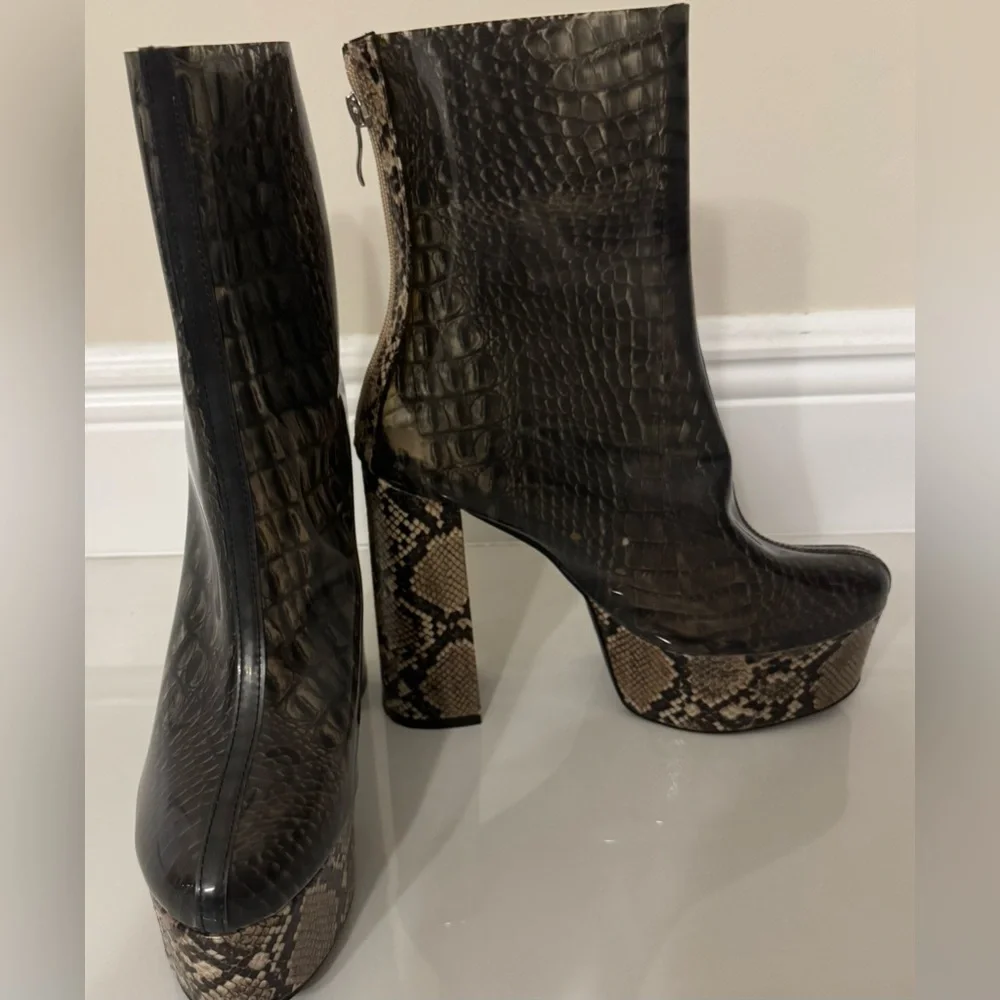 Women’s Platform Ankle Boots in Black with Snake-Print Accents